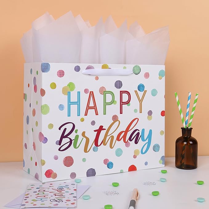 wishinside 13'' Large Birthday Gift Bag Set with Handles, Greeting Card, White Tissue Papers and Stickers for Women Girls Kids Teens for Birthday, Baby, Color Dots Design, 1 Pcs