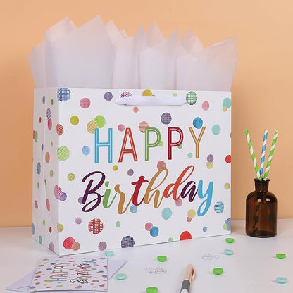 wishinside 13'' Large Birthday Gift Bag Set with Handles, Greeting Card, White Tissue Papers and Stickers for Women Girls Kids Teens for Birthday, Baby, Color Dots Design, 1 Pcs