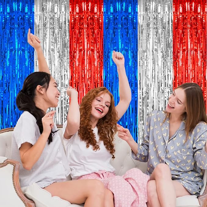PIGETALE, 2 Pack 3.2 x 8.2 ft Red White and Blue Foil Fringe Backdrop Curtain, Streamer Backdrop Tinsel Curtains Photo Booth Props for Graduation Birthday Memo