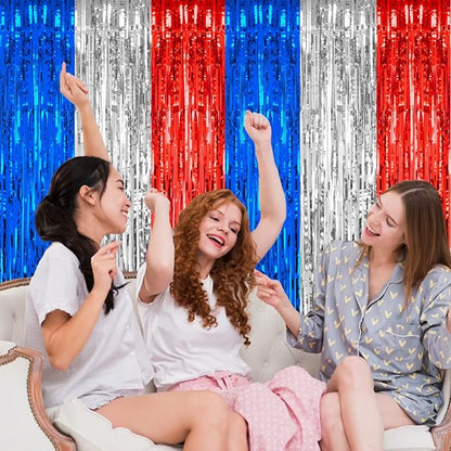 PIGETALE, 2 Pack 3.2 x 8.2 ft Red White and Blue Foil Fringe Backdrop Curtain, Streamer Backdrop Tinsel Curtains Photo Booth Props for Graduation Birthday Memo