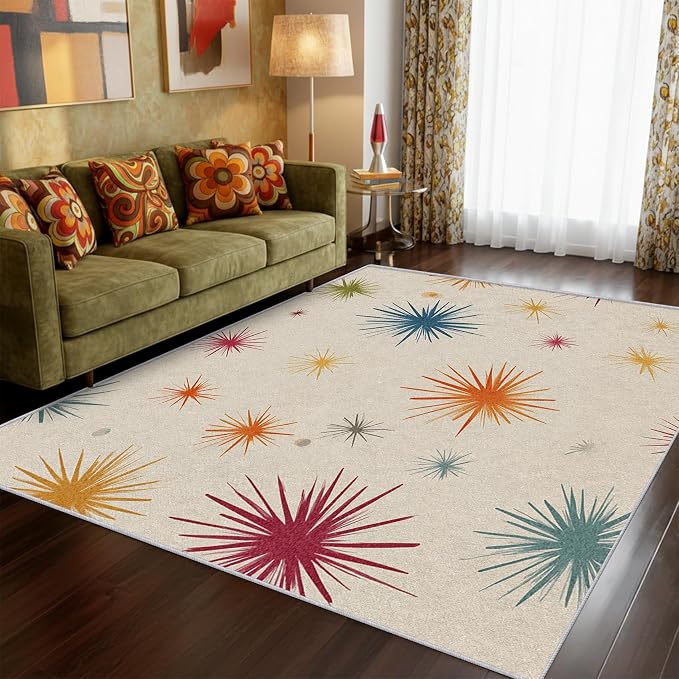 Mid Century Modern Rug 6x8 Starburst Atomic Retro 60s 70s Pattern Area Rugs for Living Room, Bedroom, Mid Century Modern Home Decor Accessories Indoor Carpet, Non Slip & Machine Washable