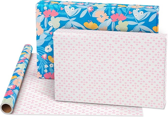 American Greetings 160 sq. ft. Reversible Wrapping Paper Bundle for Birthdays and All Occasions, Floral and Happy Birthday Text (4 Rolls, 30 in. x 16 ft.)
