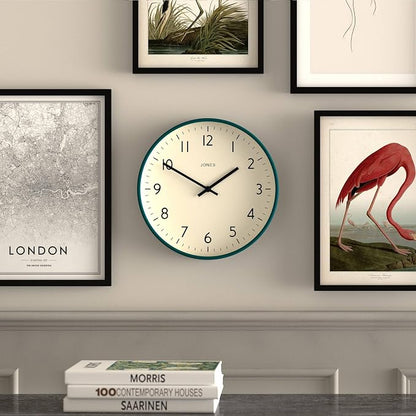 JONES CLOCKS® Studio wall Clock | Modern Round Style | 12 inch | Dark Green | Easy to Read Numbers | Versatile Design for Kitchen, Living Room or Office