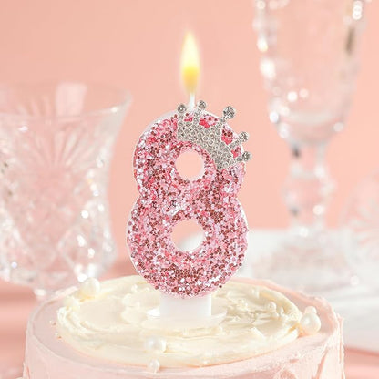 PHD CAKE Birthday Number Candles,Pink Crown Birthday Candles for Cake,Glitter Number 7 Candle Cake Topper with Sequins for Girls,Women, Anniversary Celebrations Supplies