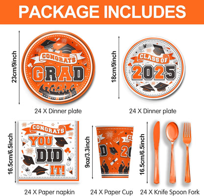 Graduation Decorations Class of 2025 - Orange Graduation Party Supplies 2025 Include Plates, Cups, Napkins, Cutlery, 24 Guests