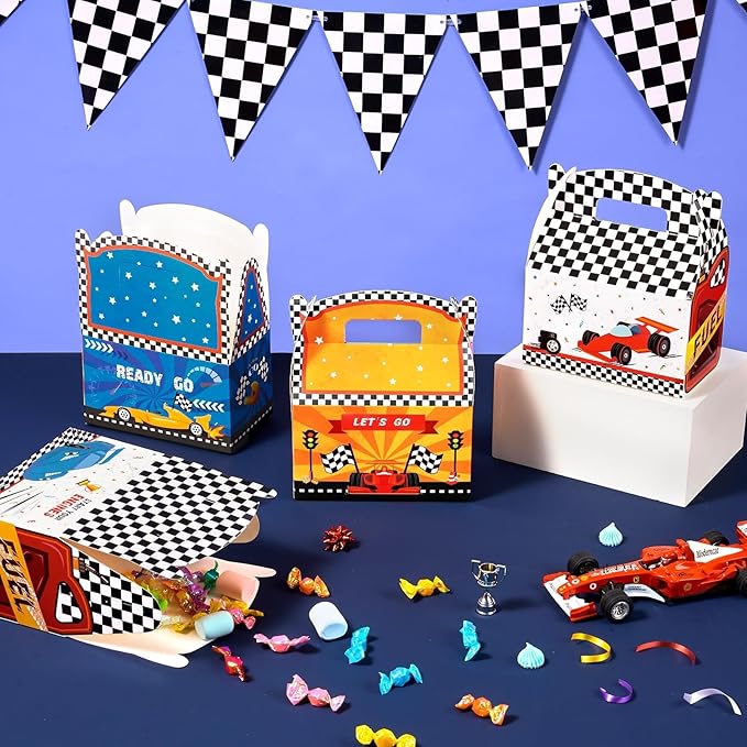 WERNNSAI 12 PCS Race Car Party Favor Boxes - Race Car Birthday Party Decorations Checkered Candy Treat Boxes Racing Party Favors for Kids Boys Let's Go Racing Car Party Supplies