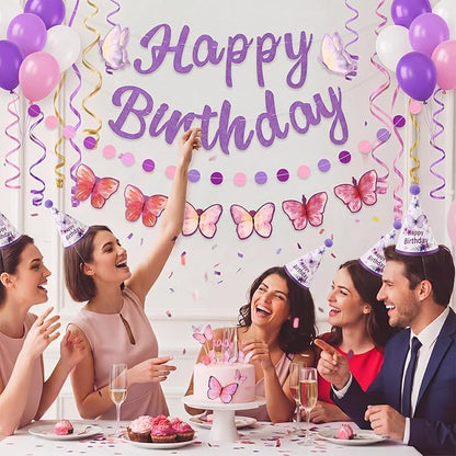 AmazingSpark 25 Pcs Purple Butterfly Birthday Party Set Includes 24 Cone Hats with Pompoms and 1 Happy Birthday Banner for Butterfly Themed Parties Baby Showers Photo Props Decorations