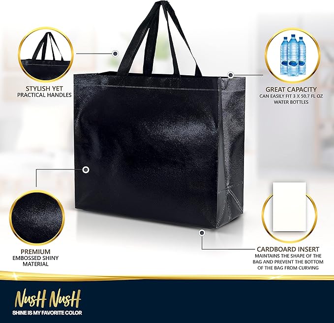 Nush Nush Set of 60 Black Gift Bags Bulk - Shiny Black Reusable Large Gift Bags with Handles - Ideal for Small Business, Big Parties and Events, Corporate Gifts, Halloween, Graduation - 13x5x11