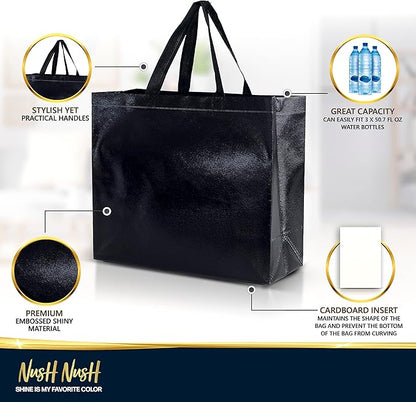 Nush Nush Set of 60 Black Gift Bags Bulk - Shiny Black Reusable Large Gift Bags with Handles - Ideal for Small Business, Big Parties and Events, Corporate Gifts, Halloween, Graduation - 13x5x11