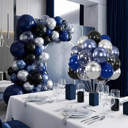 60pcs Blue and Black Balloon, 12" Navy Metallic Blue & Silver Confetti Balloons for 2026 Graduation, Father’s Day, Birthday Party Supplies (66ft Ribbons)