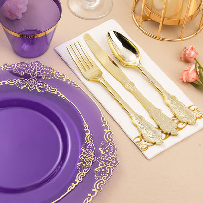 350PCS Clear Purple Plastic Plates for 50 Guests, Disposable Plates with Gold Trim include 50 Dinner Plates, 50 Dessert Plates, 150 Gold Silverware, 50 Cups, 50 Napkins for Party, Wedding