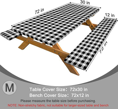 Picnic Table Cover with Bench Covers Windproof Waterproof Picnic Table Covers Camping Tablecloth with Self-Storage Bag, 72in, Black White
