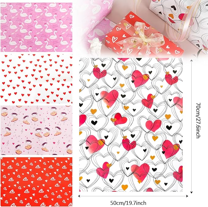 10 Sheets Pink Red Heart Birthday Gift Wrapping Paper, Valentine's Day Wrapping Paper Sheets for Women Girls, Gift Wrapping Paper for Birthday Mother’s Day Baby Bridal Shower Wedding, 19.7x27.6Inch