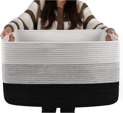 OIAHOMY Large Blanket Basket, 22”x17”x12” Rectangle Woven Baskets, Nursery Blanket Storage Living Room, Toy Storage With Handle, Large Baskets for Organizing-Gradient Black