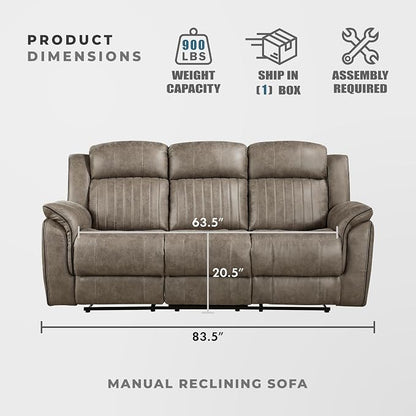 Lexicon 83.5" W Manual Double Reclining Sofa, Polished Microfiber Recliner Sofa