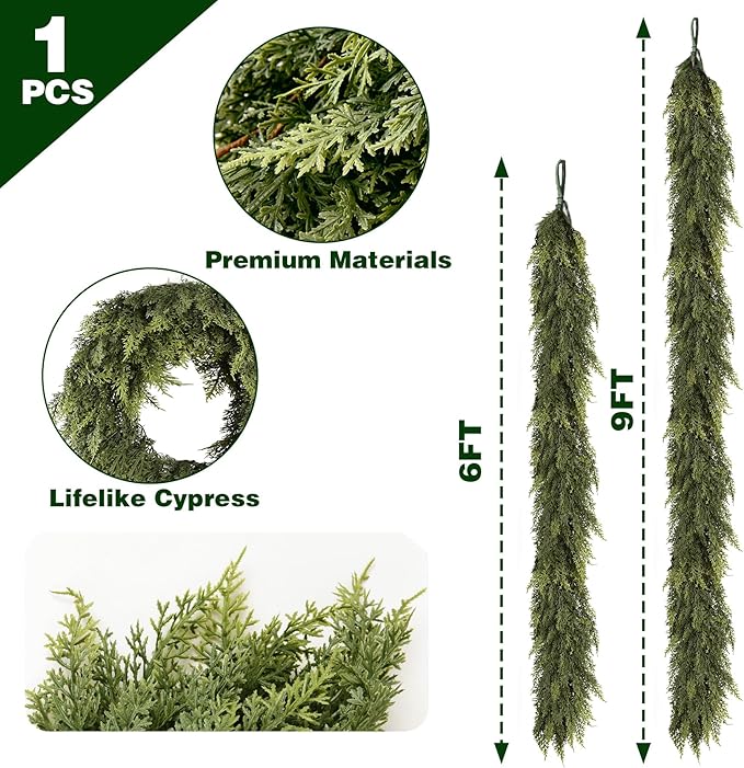 6FT Christmas Garland Cedar Garland Real Touch Faux Greenery Cypress Garlands for Mantle,Table,Wall,Christmas Decorations Indoor Outdoor