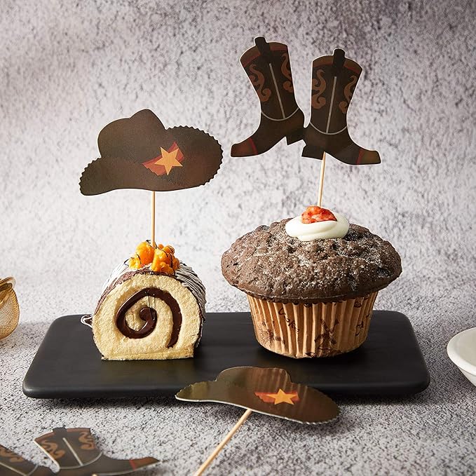 60 Pieces Cowboy or Cowgirl Hat and Boot Cupcake Toppers Western Birthday Cake Decorations Rodeo Cupcake Picks Baby Shower Toothpicks for Western Theme Party Favors Supplies (Brown)