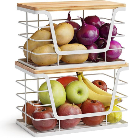ALOCEO 2 Pack Potato and Onion Storage Bins, Large Trash Bag Holder Under Sink with Bamboo Top, Stainless Steel Pantry Organizers Storage, Kitchen Counter, White