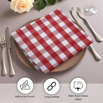 Urban Villa Cotton Dinner Napkins Set of 6, Highly Absorbent 20x20 Inches Premium Cloth Napkins Hotel Quality Reusable & Washable Table Dinner Napkins for Home & Weddings - Red/White, Checks