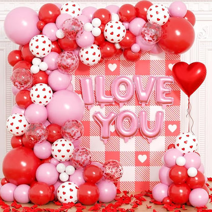Valentines Day Balloons Garland Arch Kit - Red Heart and I LOVE YOU Foil Balloon with Different Size Red Pink White Balloons for Valentine's Day Galentine's Day Anniversary Party Decorations