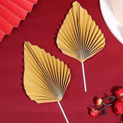 ABOOFAN Gold Folding Fan Cake Toppers 24Pcs Leaf Shaped Cupcake Inserts for Anniversary Birthday Wedding Party Decorations