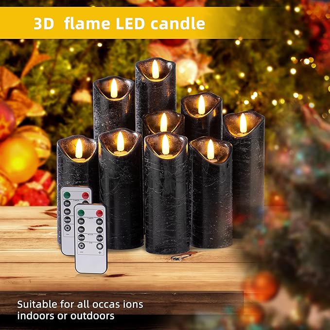 Hausware Set of 9 Flameless Candles Battery Operated LED Real Wax Flickering Electric Candles with Remote Control Timer for Wedding Birthday Halloween Christmas Decorations (Black Color)