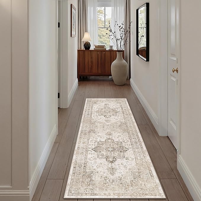 Taupe Runner Rug 2x6 Hallway Kitchen Washable Vintage Carpet Non Slip Retro Distressed Low Pile Soft Oriental Medallion Thin Long Throw Rug for Entryway Bathroom Office Laundry Dining Room