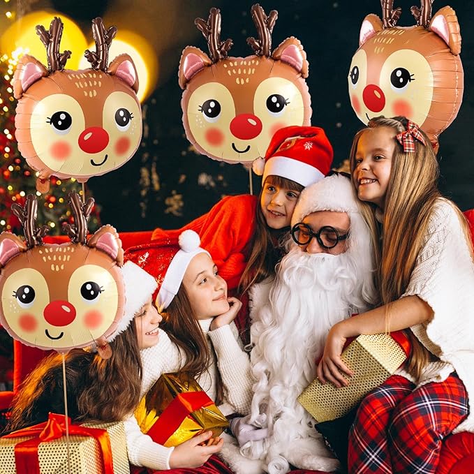 6 Pcs Reindeer Balloons, 21 x 26 Inch Reindeer Head Foil Balloons, Christmas Deer Balloon for Christmas Winter-Themed Birthday Parties Festival Decoration