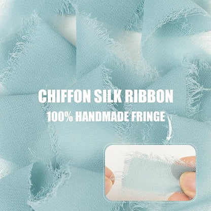 Haze Blue Chiffon Ribbon - 1 Inch x 21 Yards, Handmade Fringe, Silk, Boho Frayed, Gift Wrapping, Wedding Invitation, Bridal Flower Bouquets