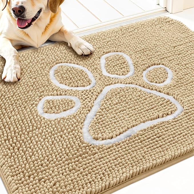 OLANLY Dog Door Mat for Muddy Paws 30x20, Paw Print Design, Absorbs Moisture and Dirt, Absorbent Non-Slip Washable Doormat, Quick Dry Chenille Mud Mat for Dogs, Entry Indoor Entryway Carpet, Beige