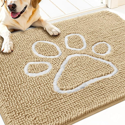 OLANLY Dog Door Mat for Muddy Paws 30x20, Paw Print Design, Absorbs Moisture and Dirt, Absorbent Non-Slip Washable Doormat, Quick Dry Chenille Mud Mat for Dogs, Entry Indoor Entryway Carpet, Beige