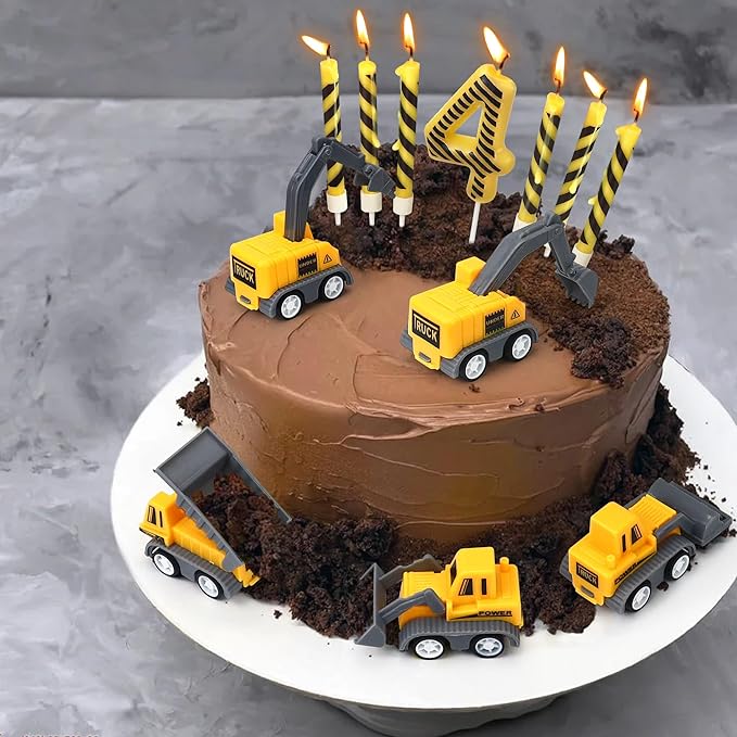 Number 4 Construction Birthday Candles, 12 Pcs Construction Cake Toppers Set, Digger Cake Topper for Birthday Anniversary Party Cake Decorations