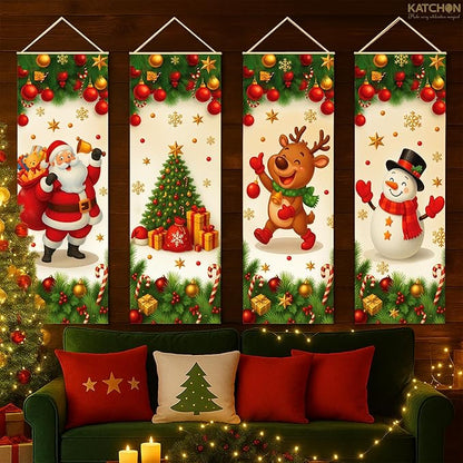 KatchOn Christmas Banners Set – Pack of 4, 47x16 Inch | Holiday Portrait Banners For Christmas Decorations Featuring Santa Claus, Snowman, Xmas Tree, Reindeer for Home, Porch, Living Room | Xmas Decorations