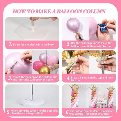 Princess Pink and White Gold Balloon Column Stand Kit Set of 2 for Floor Princess Birthday Party Balloon Arch Kit with 125PCS Hot Pink White Gold Balloon Towers for Girl Birthday Party Decorations
