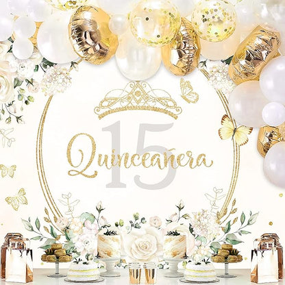 Homewelle Quinceañera Backdrop 7Wx5H Feet Polyester Fabric Mis Quince 15 Anos Birthday Party Decorations Supplies for Girl Princess White Floral Gold Crown Butterfly Photography Background Props
