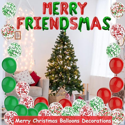 Merry Friendsmas Balloons Party Decorations - 45pcs Friends Christmas Banner Balloons Kit for Office Arch Decoration, Friendsmas Xmas Sign Banners Party Decor Photo Props, 12in Red and Green Balloon