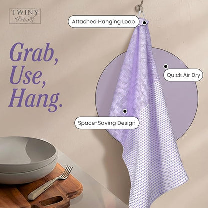 TWINY threads Kitchen Towel Diamond Pattern, Premium Large Kitchen Linen Set, 100% Cotton Wash Rags, Absorbent Quick Drying Cloths, Washable Reusable Multi Purpose, Set of 4, 18x26 Inches, Lavender