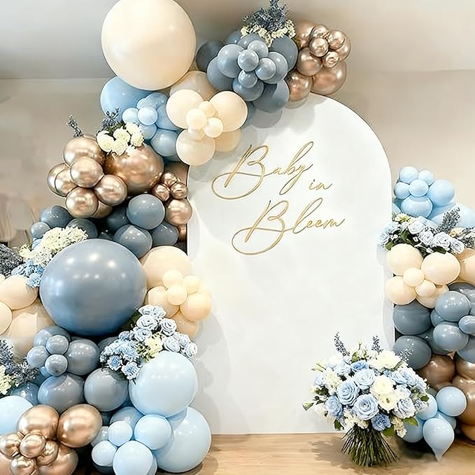 HILAVO Dusty Blue and Gold Balloons, 60 PCS 12 Inch Slate Fog Pastel Baby Blue Sand White and Gold Balloons for Baby Boy Shower Bridal Shower Birthday Wedding Party Decorations