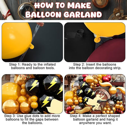 144PC Magic Balloons Arch Kit, Burgundy Black Gold Balloon Garland with DIY Broom Golden Sphere Foil Balloons, Maroon Mustard Yellow Confetti Balloon for School Birthday Decorations Party