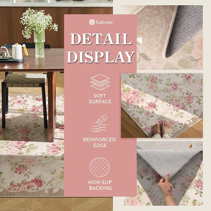 Lahome Vintage Floral 8x10 Area Rugs,Soft Living Room Rugs Boho Large Area Rug Machine Washable, Low Pile Pink Rugs for Bedroom Girls Carpet for Nursery Rug Playroom Dining Room Nina(8'X10',Beige)