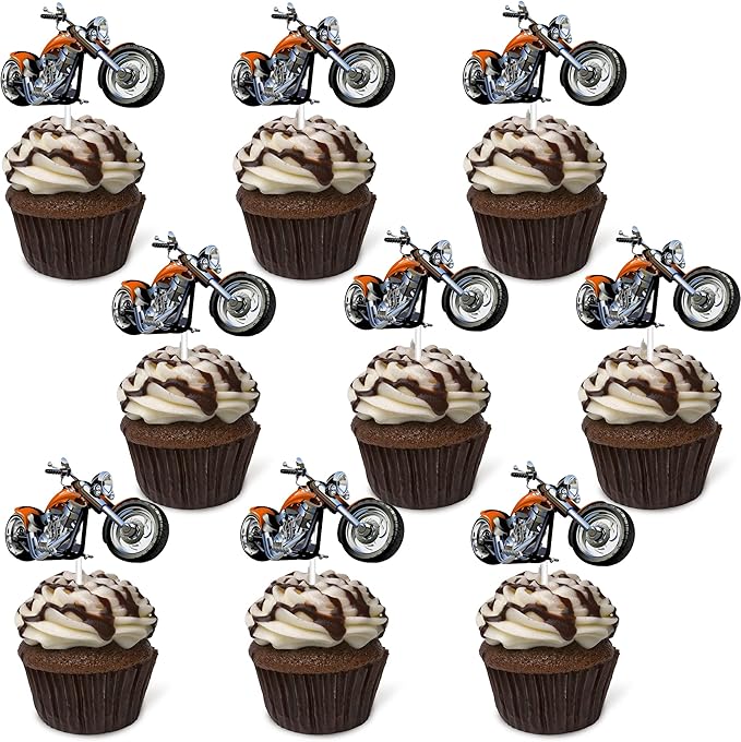Motorcycle Cupcake Topper,Dessert Cupcake Topper Motorcycle Rider Racing Sport Theme Decor Supplies Boy Man Happy Birthday Party Decorations 18pcs (Yellow)