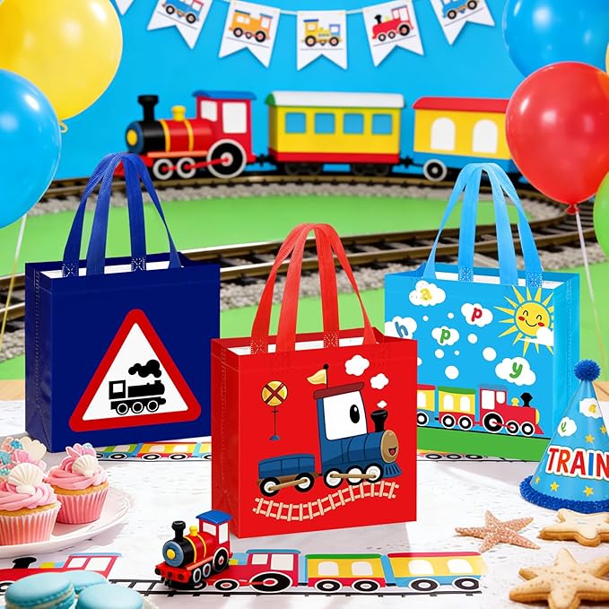 Pinsit 42 PCS Colorful Train Party Favor Bags, Non Woven Train Goodie Bags, Railway Themed Reusable Gift Bags with Handles for Boys Girls Birthday Baby Shower Party Supplies