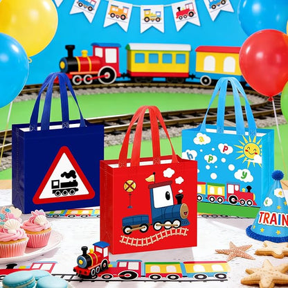 Pinsit 42 PCS Colorful Train Party Favor Bags, Non Woven Train Goodie Bags, Railway Themed Reusable Gift Bags with Handles for Boys Girls Birthday Baby Shower Party Supplies