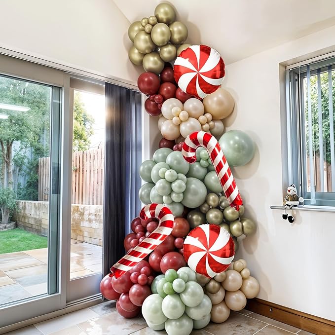 Christmas Balloon Garland Arch Kit, 111PCS Red Green Gold White Balloons with Lollipop Candy Cane Mylar Foil Balloon Arch for Xmas Party Holiday Wedding Birthday New Year Decorations