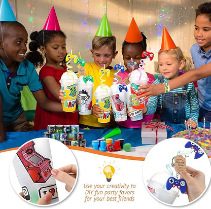 Lenwen 128 Pcs Video Game Party Favors Set Includes Reusable Gamer Drinking Straws Cups 3D Puffy Stickers Slap Bracelets Keychains Game Seals Gift Tags Stickers for Kids Gamer Birthday Party (Cool)