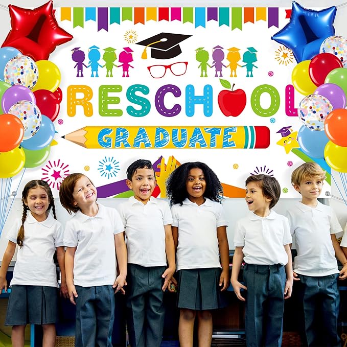Oudain Kindergarten 2026 Graduation Party Decorations Kit Includes Preschool Graduation Backdrop and Balloon Garland for 2026 Pre Elementary Celebration Decoration Party Supplies(White)
