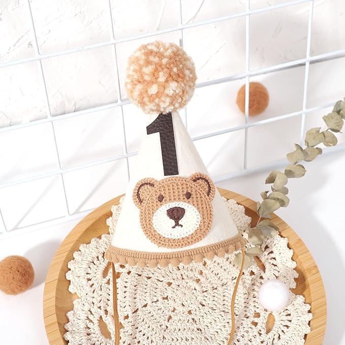 Bear 1st Birthday Party Decorations - Teddy Bear Crown Outfit, Woodland Camping Theme, Cone Hat