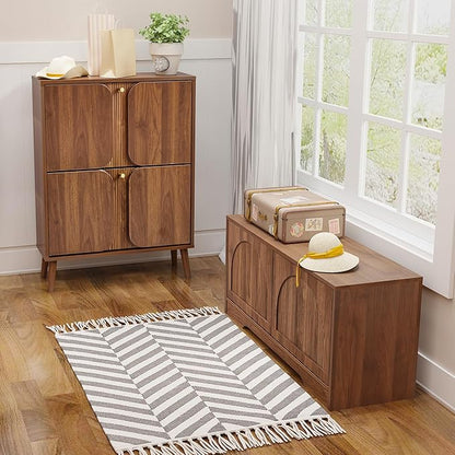 BERRYMERRY 39.4" Fluted Shoe Storage Bench for Entryway,2 Tier Shoe Cabinet Bench with Adjustable Shelf,Bench for Bedroom End of Bed (Walnut, 13.8”D x 39.4”W x 18.5”H)