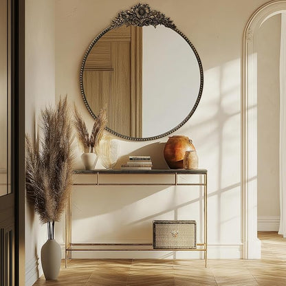 Vintage Round Mirror, 28" Baroque Style Circular Mirror, Antique Metal Frame Wall Mirror, Traditional Art Home Decor for Dressing Table, Bathroom or Bedroom,Retro Black