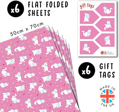 Cat Wrapping Paper - Funny Cat Themed Gifts - 6 Giftwrap Sheets - Pink Gift Wrap For Christmas Birthday Baptism Baby Shower - For Girls Boys Men Women Son Daughter - Includes Tags - Recyclable